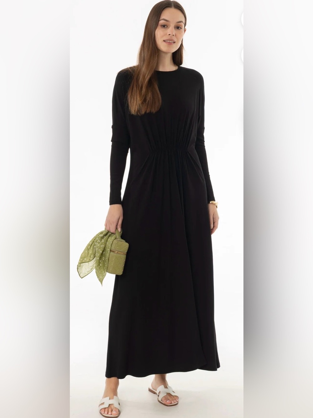 DRESS BLANK Black Gathered Waist Maxi Dress Size L NWT Modest Long Sleeve